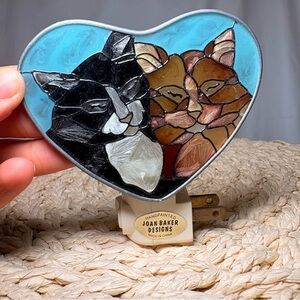 Vintage Joan Baker Designs Stained Glass Cat Heart Night Light Plug In Wall Lamp